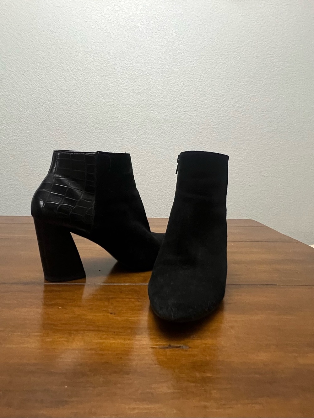 Steve Madden Black Women's Suede Ankle Boots with Croc-Embossed Heel